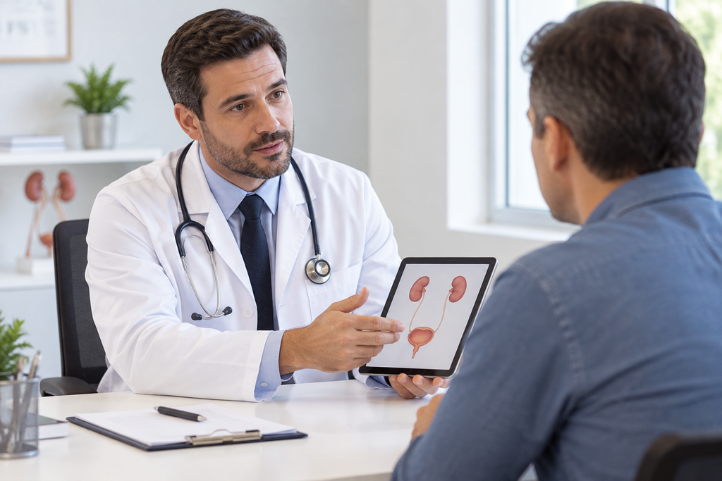 Urologista explica ao paciente as causas da ardência ao urinar