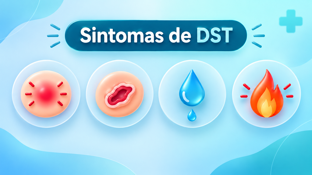 Ilustração dos sintomas de DST, como vermelhidão no pênis, feridas, secreção e ardor