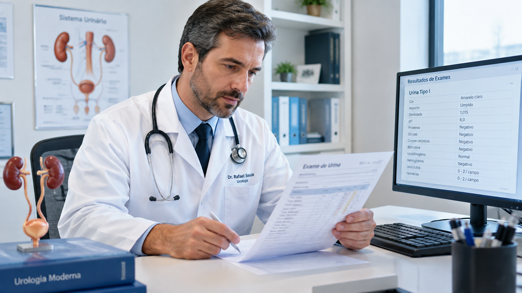 Urologista analisa resultado de exame de urina para diagnosticar infecção urinária