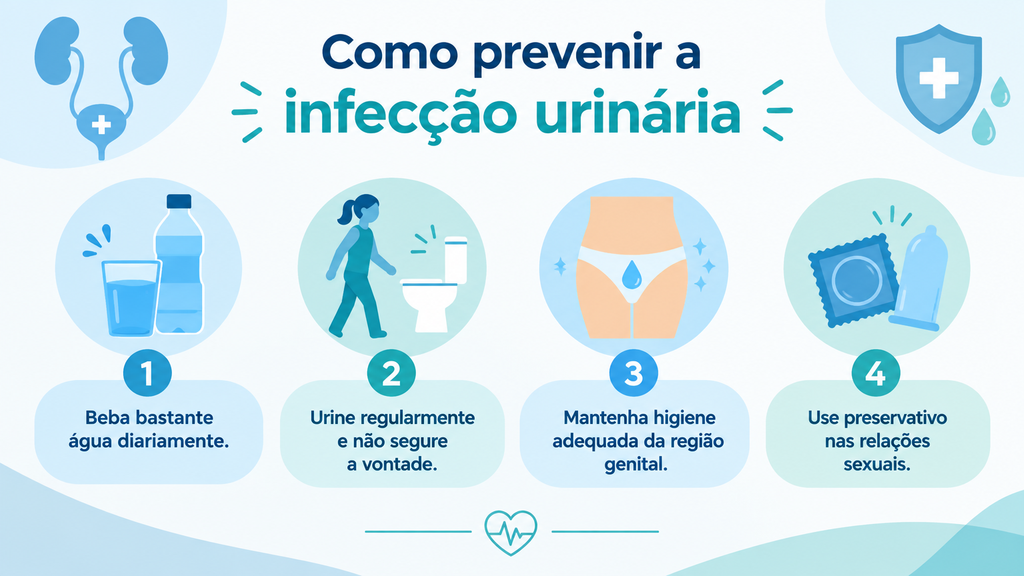 Infográfico de como prevenir a infecção urinária com água, higiene, preservativo e sem segurar a urina