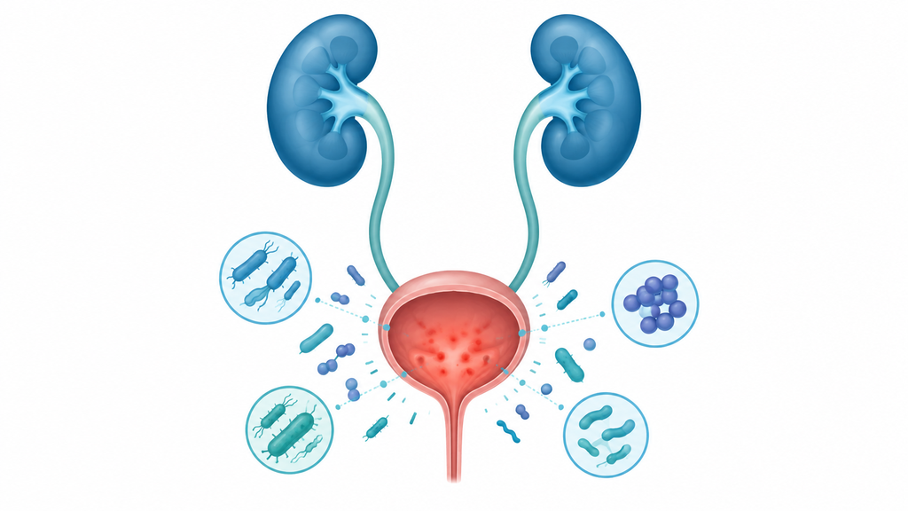 Ilustração da infecção urinária com rins, bexiga inflamada e bactérias